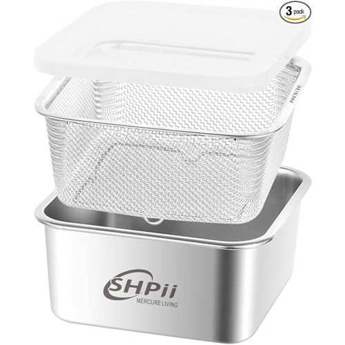 Square Colander Set, 304 stainless steel, with PE lid, deli containers, back of the kitchen preparation, washing and draining tools, refrigerator storage, frying oil filter (2500ML)