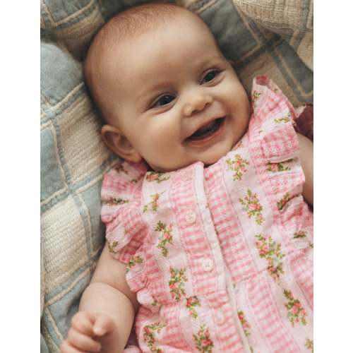 Short Frill Bubble Romper-Pink Gingham Floral