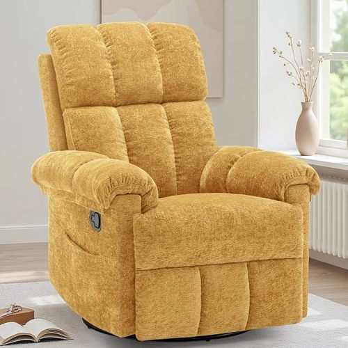Recliner Chair, Swivel Rocker Recliner Chair for Adults, Small Recliners for Small Spaces, Upholstered Manual Recliner with Side Pockets, Nursery Rocking Chair for Living Room, Chenille, Yellow