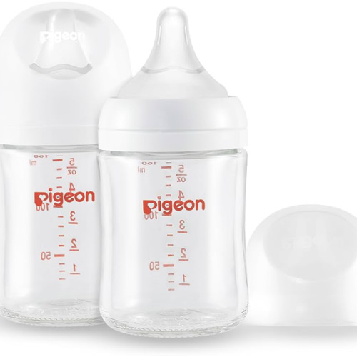 Pigeon Glass Nursing Bottle Wide Neck, Anti-Colic, Streamlined Body, Natural Feel, Easy to Clean, Heat-Resistant, 5.4 Oz(Pack of 2), Includes 2pcs SS Nipples (0m+)
