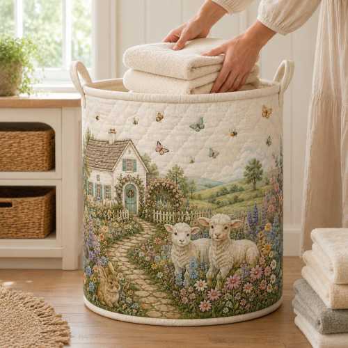 Quilted Laundry Basket, Lamb Cottagecore Storage Basket, Floral Farmhouse Hamper, Bunny Wildflower Nursery Basket,Spring Cottage Blanket Bin