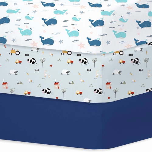 Little Grape Land Crib Sheets for Baby Boys 3 Pack, 28"x 52" Extra Soft Microfiber Crib Sheet Set for Standard Crib & Toddler Mattress Pad, Whale & Rustic Ranch-Blue & Blue