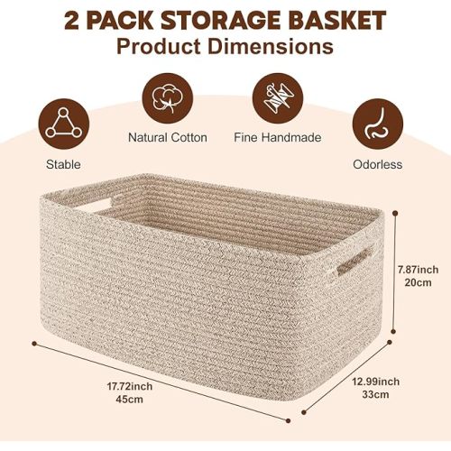 OIAHOMY Storage Basket for Shelves, Closet Cube Storage Bins Baskets for Clothes Blanket Towels, Baby Nursery, Toy Baskets Box, Woven Rope Basket, 17.72*12.99*7.87 IN, 2 Packs Brown