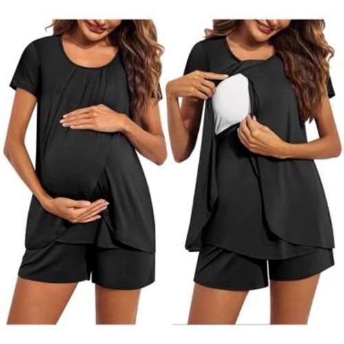 Ekouaer Maternity Nursing Pajama Sets Postpartum Pajamas Short Sleeve Breastfeeding Pjs Pregnancy Sleepwear Set A-black L