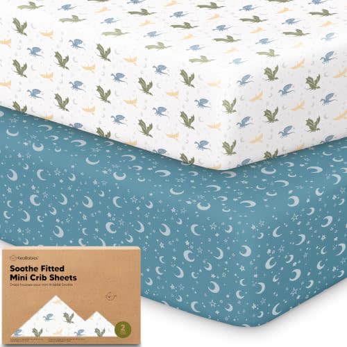 2pk Mini Crib Sheets Fitted 38x26 Pack N Play Mattress Sheet (Dragon Tale) | Organic Cotton Sheets for Pack and Play Mattress, Soft, Breathable Playard Bedding Sheet, Mini Toddler Bed Cover, Boys, Girls