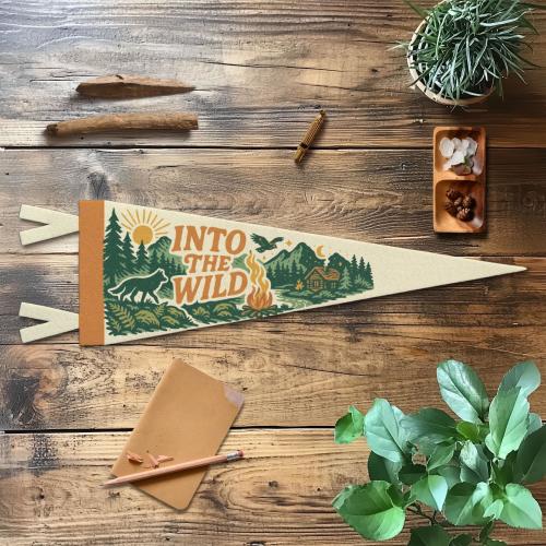 Into the Wild Felt Pennant | Cabin in the Woods Decor, Adventure Wall Banner, Hiking Theme Nature Sign, Rustic Cabin Art, Outdoor Lover Gift