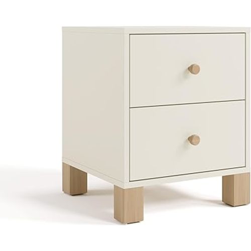 Storkcraft California 2 Drawer Nightstand for Kids Bedroom (Frosted Oat with Driftwood) - GREENGUARD Gold Certified, Premium Wood Storage Nightstand with Elegant, Iconic Block Feet