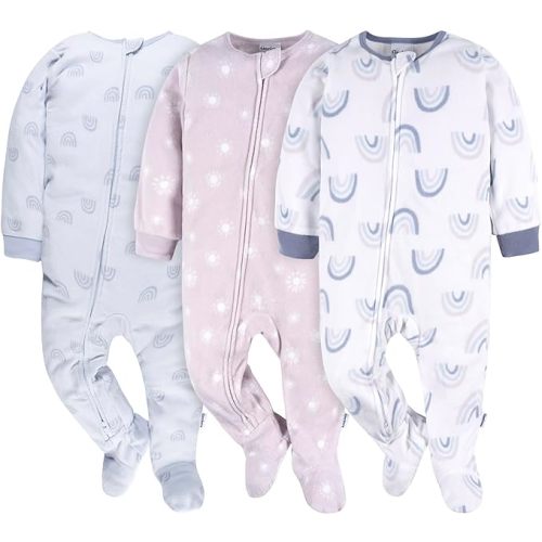Gerber Baby Girls' Toddler Fleece Footed Pajamas 3-pack, Purple Rainbows 0-3 Months