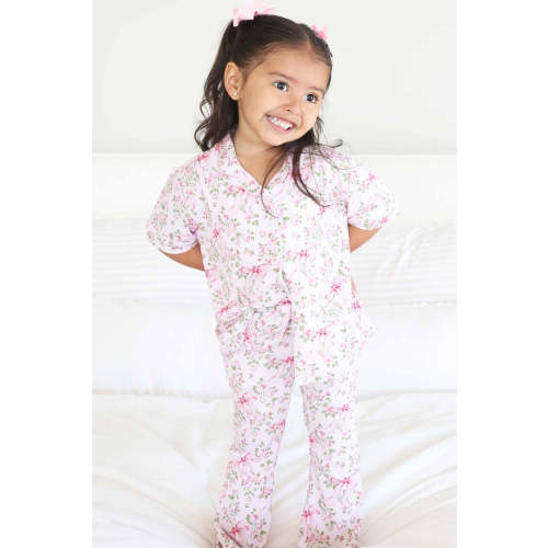 Two Piece Flare Pant Lounge Set in Bows in Bloom Pink | Caden Lane
