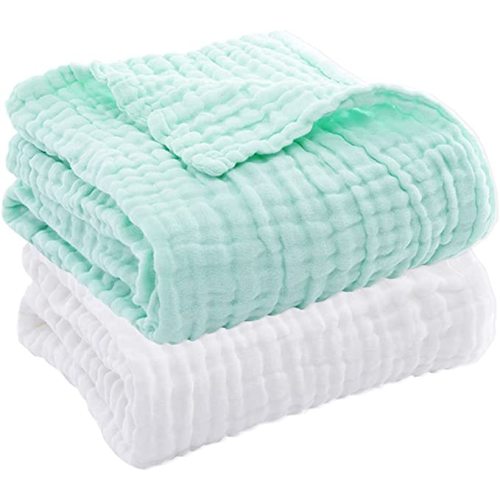Aablexema Baby Muslin Bath Towels - Set of 2 Large Size 43X43 Inches Swaddle Blanket for Newborn Toddlers Boys Girls(White&Green)