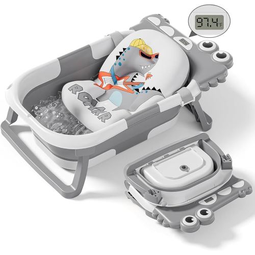Collapsible Baby Bathtub for Newborn, Foldable Baby Bath Tub with Thermometer & Soft Floating Cushion & Drain Hole, Portable Travel Infant Bath Tubs for Newborns to Toddlers 0-36 Months Boys, Grey