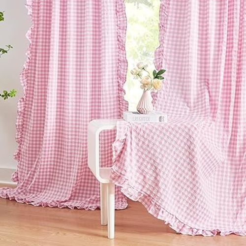 ZJDECOR Light Pink Buffalo Plaid Ruffle Curtains 84 Inches Long for Girls Room,Crinkled Not-See-Through Sheer Drapes,Shabby Chic Window Treatment for Bedroom Living Room,Rod Pocket,40"Wx84"L,Pack of 2