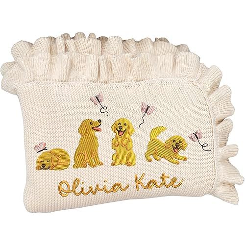 Golden Retriever Knit Blanket with Custom Name Embroidery, Personalized Pet Blanket, Dog Themed Nursery for Baby Girl or Boy, Unique Keepsake