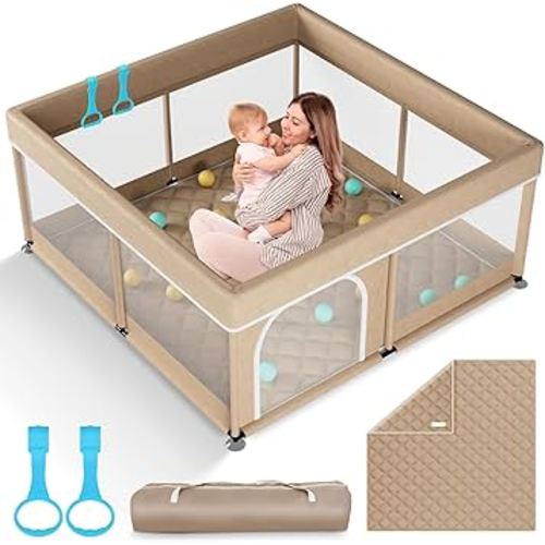 Omzer Baby Playpen with Mat 50x50inch: Large Playpen for Babies and Toddlers Indoor Safety Play Pen with Soft Breathable Mesh - All-Wrapped Sponge Sturdy Play Yard with Stable Mat Magic Sticker Beige