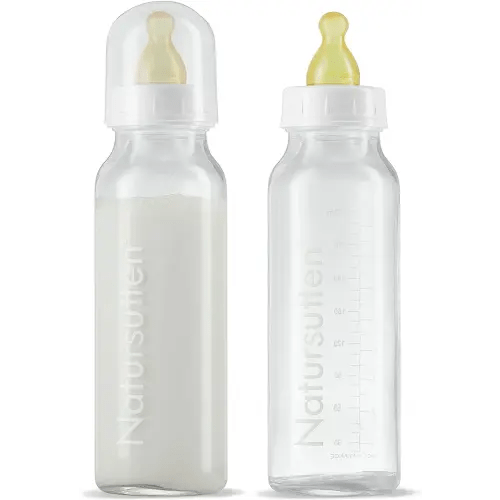 Natursutten Anti-Colic Glass Baby Bottle 2-Pack - 8 oz, 4 oz Bottles for Breastfeeding Babies - Newborn Bottles Set: Natural Rubber Slow-Flow Bottle Nipples, Seals, Valves, Baby Bottle Caps (8 Ounce)