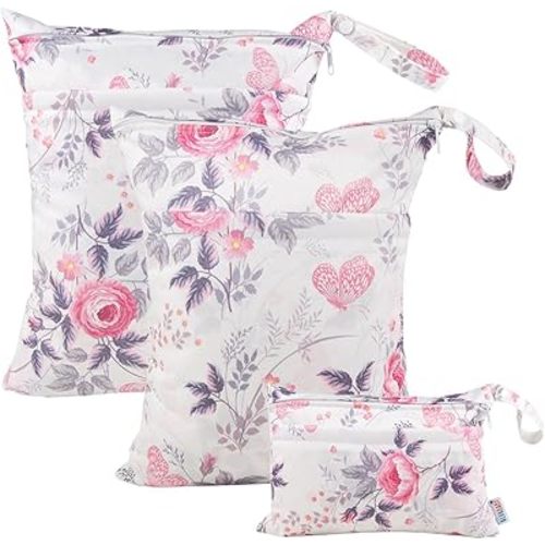 ALVABABY 3pcs Baby Cloth Diaper Wet Dry Bags Waterproof Reusable with Two Pockets|Travel Beach Pool Daycare Soiled Baby Items Yoga Gym Bag for Swimsuits or Wet Clothes 3L-H066