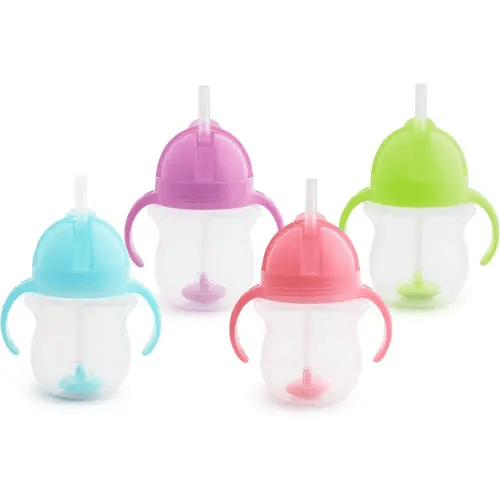 Munchkin Any Angle Sippy Cups for Toddlers, Spill Proof Weighted Straw Cup with Transition Handles for Babies 6 Months and Up, 4 Pack, Blue/Green/Pink/Purple