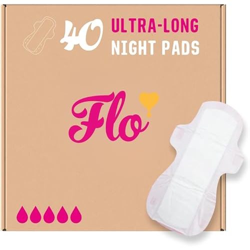Flo - Ultra Long Night Menstrual Pads (40 Pack) - Organic Bamboo Period Pads for Women - Ultra Heavy Flow - 3D Leak Barrier - Absorbent, Soft, & Breathable - Plant Based-Vegan, Cruelty Free