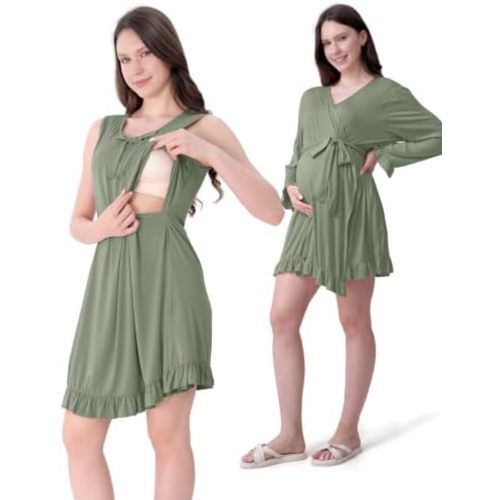 Maternity Nursing Gown and Robe Set, Sleeveless Ruffle Breastfeeding Nightgown for Postpartum Hospital Newborn Photos