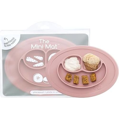 ezpz Mini Mat (Blush) - 6 -12 Months+ - 100% Silicone Suction Placemat + Divided Plate with Three Compartments - Supports Baby-Led Weaning - Designed for Highchair, Table, and Travel