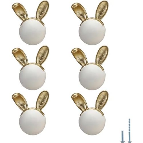 6 pcs White Rabbit Cute Cartoon Ceramic Cabinet Handles Kitchen knobs Door Pull Drawer Pulls for Kitchen Wardrobe Children's Room