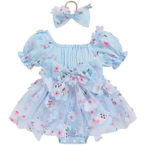 Baby Girl Romper Dress Infant Linen Tulle Bodysuit Puff Sleeve Summer Outfits With Headband Cake Smash Clothes