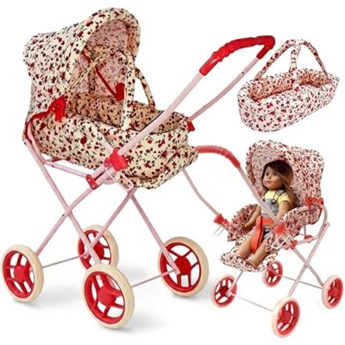 Baby Doll Stroller Play Set, 3-in-1 Babydoll Stroller with Removable Bassinet Baby Carriage for Dolls Toy Doll Stroller for Toddlers 3-4 Years, (Floral)
