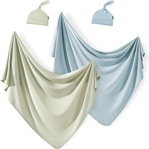 2 Set Newborn Swaddle Blanket with Beanie(4 pcs), Ultra Soft Stretchy Jersey Knit Extra Large Size 33 x 44 Receiving Blankets for Easy Swaddling Baby Snug and Cozy