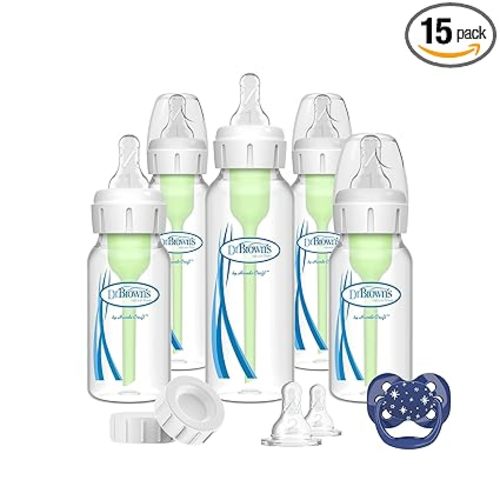 Dr. Brown's Natural Flow Anti-Colic Options+ Narrow Baby Bottle Gift Set with Advantage Pacifier & Bottle Travel Caps, 0m+ (Packaging/Pacifier May Vary)