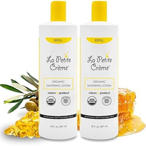 La Petite Creme French Premium Diapering Lotion - Diaper Cream Alternative to Baby Wipes - Moisturizer & Skin Cleanser - USDA Certified Organic Ingredients - Baby Essentials (2 Bottles of 20 oz)