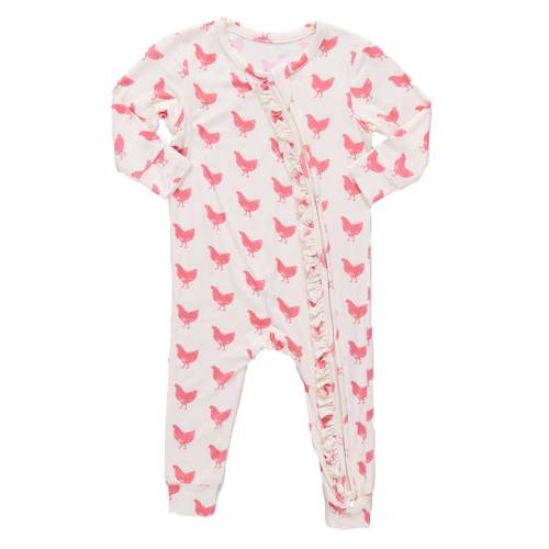 Baby Girls Ruffle Bamboo Romper - Pink Chickens
