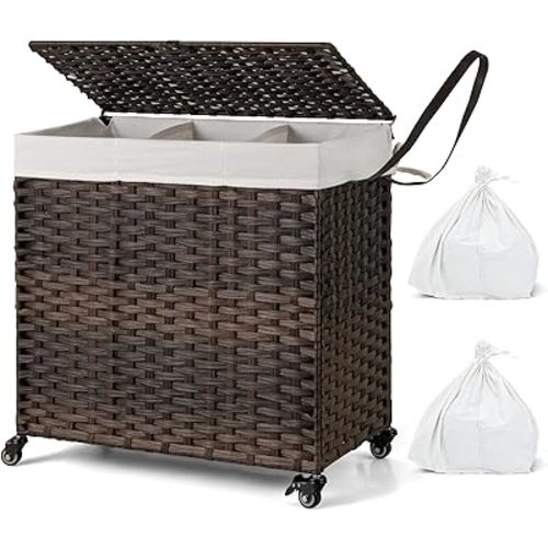 GOFLAME Laundry Hamper with Lid and Wheels, 125L Hand Woven Rattan Laundry Basket with 3 Divided Sections, Handles, 2 Removable and Washable Liner Bags, Dirty Clothes Hamper for Bedroom (Brown)