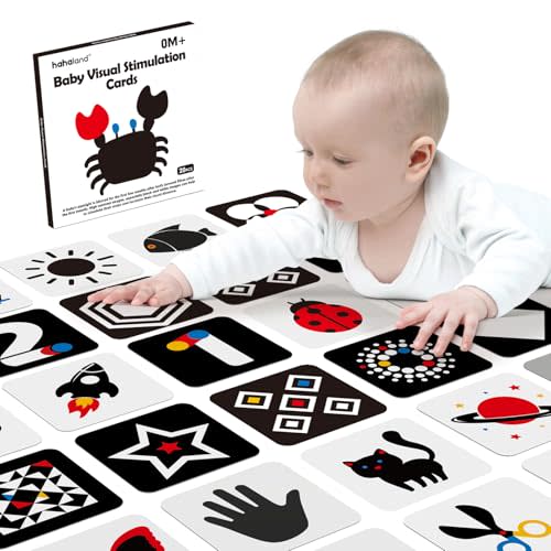 hahaland High Contrast Baby Flashcards - Black and White Infant Baby Cards 0-6 Months Tummy Time 0-3-6 Months Montessori Sensory Cards 20 PCs 6''×6'' Newborn Brain Visual Stimulation