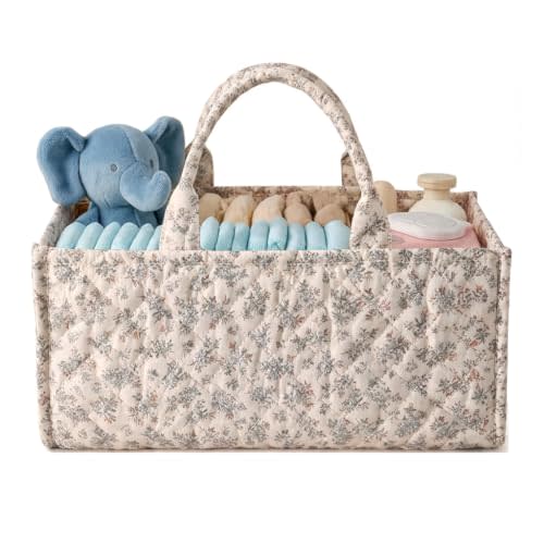Quilted Fabric Storage Basket Floral Baby Diaper Caddy Quilted Basket Organizer for Newborn Nursery Bedroom Car Storage (Beige florals)