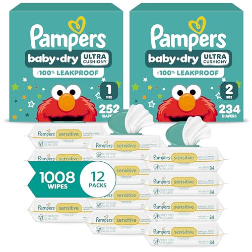 Pampers Baby Dry Disposable Baby Diapers Starter Kit, Sizes 1 (252 Count) & 2 (234 Count), with Sensitive Water Based Baby Wipes 12 Flip-Top Packs (1008 Wipes Total)