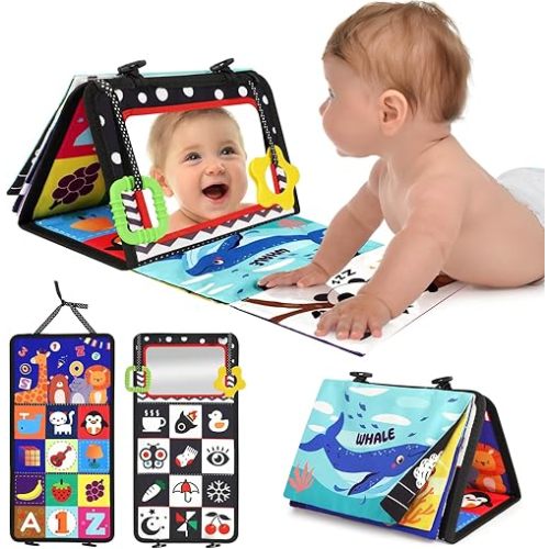 URMYWO Tummy Time Toy - Black and White High Contrast Baby Toys for Newborn - Baby Visual Stimulation Mirror - Montessori Sensory Crinkle Toy for Infant 0-3-6-12 Months - Easter Basket Stuffers Gift