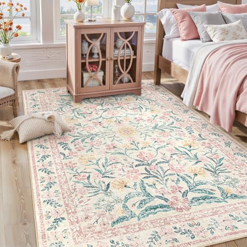 Lahome Pink Bedroom Rug for Girls Room Decor, 5x7 Washable Cute Playroom Nursery Rug, Soft Floral Low Pile Carpet for Kids Living Dining Room Indoor, Pink/Multi