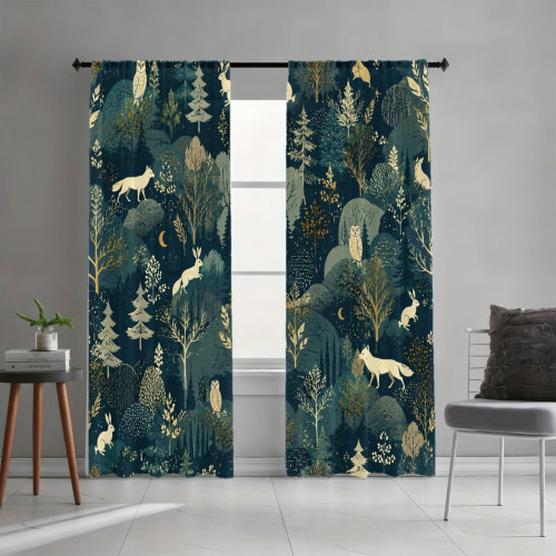 August Grove® 2 Panels Rustic Woodland Style Decor Light Filtering Curtains with Forest Animal Moon Star Pattern, Spring Refresh Decor, Easy Hang Rod Pocket Design, All-Season Curtains for Home Living Room Bedroom Study Decoration | Wayfair