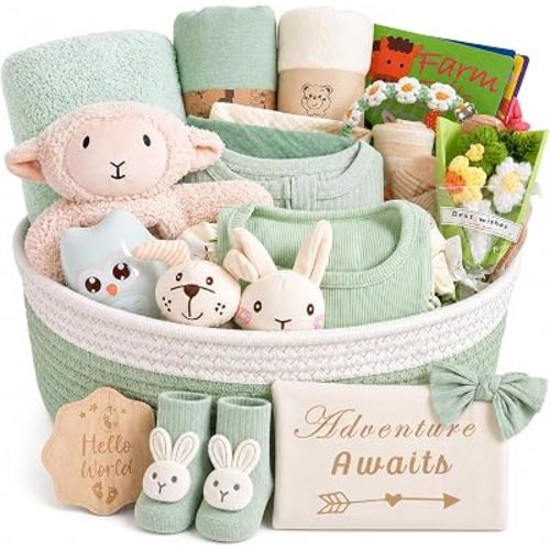 Ultimate Baby Girl Gift Basket, Woodland Sage Green Newborn Essentials, Premium All-in-One Baby Shower Gifts for Expecting Moms with Floral Skirt, Swaddle, Diaper Caddy Organizer