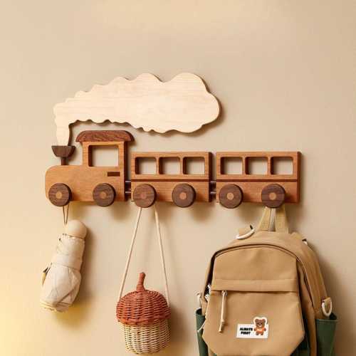 Solid Wood Train Wall Hooks, Kids Room Decor, Nursery Organizer, Playroom Storage