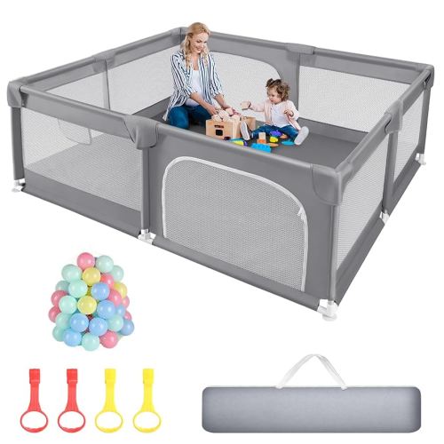 Sour Lemon Baby Playpen 79x71 inch Extra Large Playpen for Babies and Toddlers, Baby Fence Play Pen Yard with Safety Gate Fence with 50 Ocean Balls 4 Pull Rings for Kids Indoor Outdoor