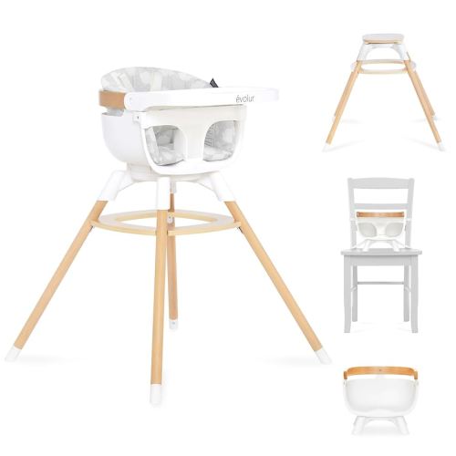Evolur Ann Beechwood 4-in-1 Highchair | 360 Seat Rotation | Booster seat | Floor Chair | Bar Stool Chair | 5 Point Safety Harness | Grey