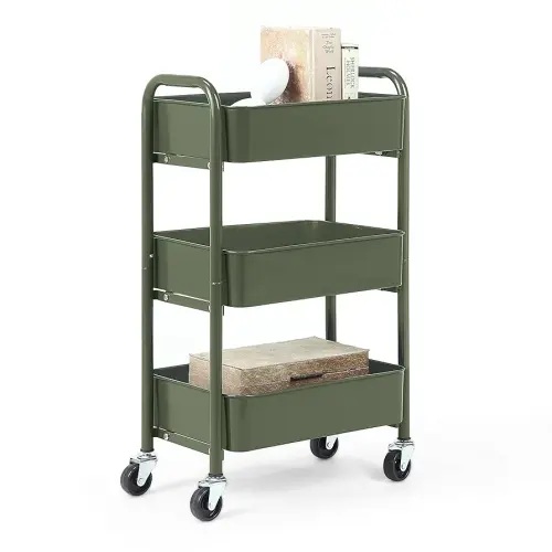 SunnyPoint 3-Tier Delicate Compact Rolling Metal Storage Organizer - Mobile Utility Cart Kitchen/Under Desk Cart with Caster Wheels - Army (15.35" X 10.24" X 26.8"H)