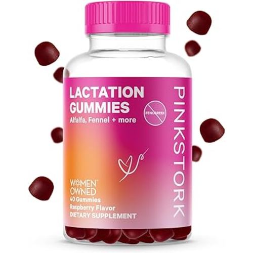 Pink Stork Lactation Supplement Gummies - Support Breast Milk Supply with Milk Thistle, Alfalfa, Vitamin D, and B12, Postpartum Recovery, Breastfeeding Essentials - Raspberry, 40 Count