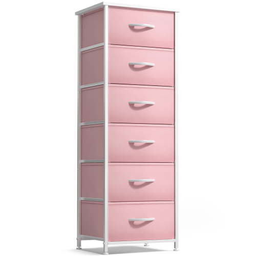Sorbus 6-Drawer Fabric Dresser for Kids - Tall Storage Tower, Closet Organizer with Steel Frame & Wood Handles for Nursery, Playroom & Bedroom, Pink