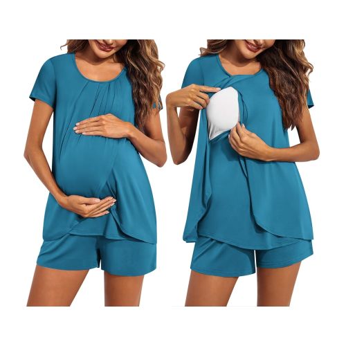 Ekouaer Women's Maternity Nursing Pajamas Set Breastfeeding Sleepwear Double Layer Short Sleeve Top & Shorts Nursing Pjs