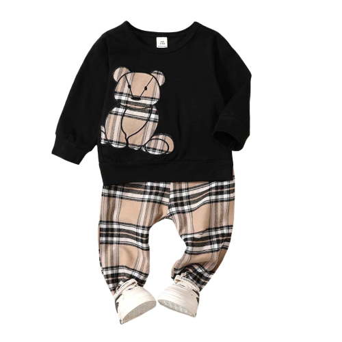 9 Months Baby Boys Clothes 12 Months Boys 2PCS Fall Winter Outfits Set Cute Bear Print Infant Boys Long Sleeve Round Neck Top Pants Set Black