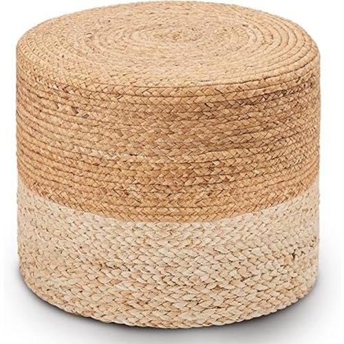 18'' Pouf Ottoman, Natural Braided Poof, Round Poufs, Rustic Handweave Lounge Pouffe, Boho Footrest Stool for Bedroom, Accent Table or Seat for Patio, Living Room