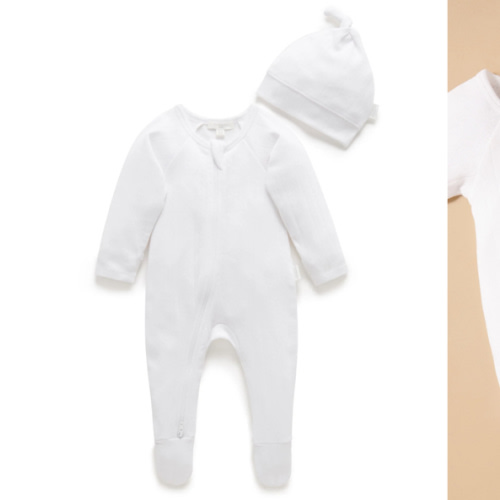 White Pointelle Growsuit & Hat Pack - Baby Growsuits - Purebaby - Purebaby