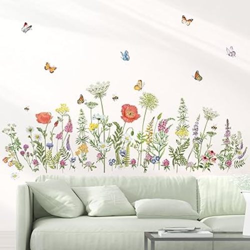 decalmile Wildflower Grass Wall Stickers Garden Flower Butterflies Wall Decals Living Room Girls Bedroom Office Wall Decor